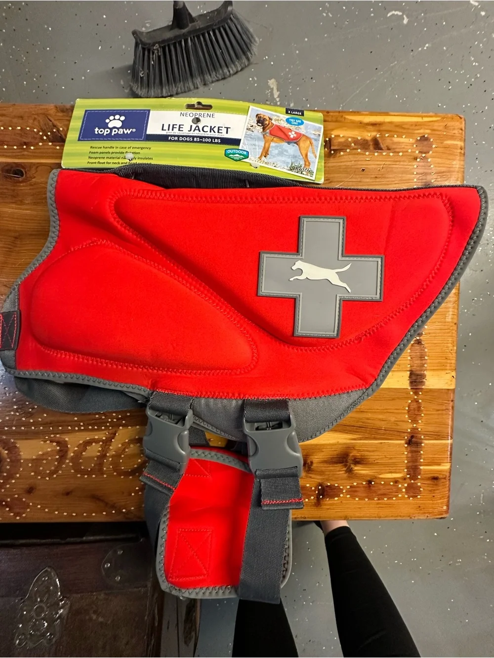 Top Paw Red Neoprene Dog Life Jacket with Gray Trim and Reflective Cross